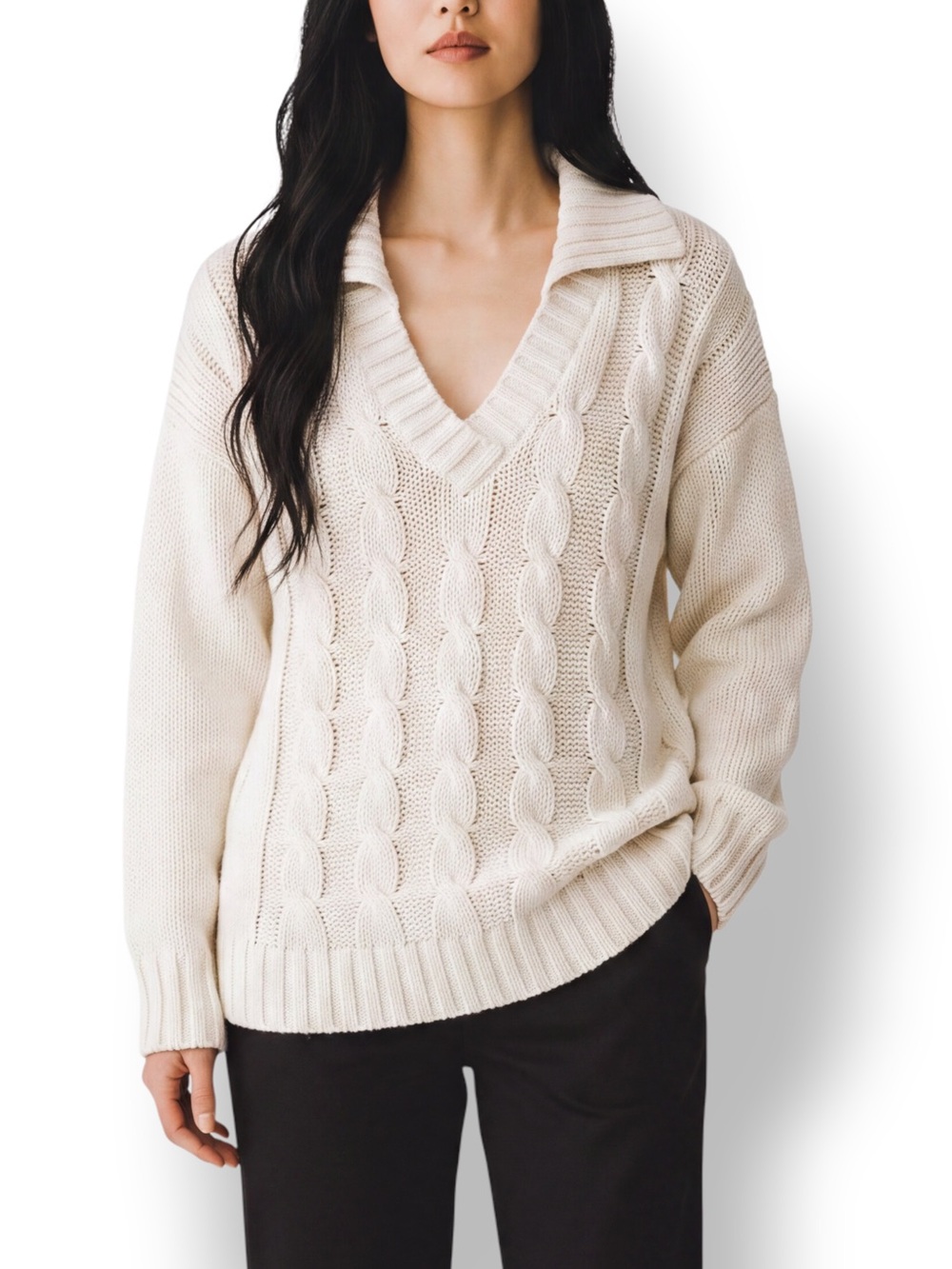 Cream 100% Wool Cable Knit Shawl Collar Tunic Sweater US Medium